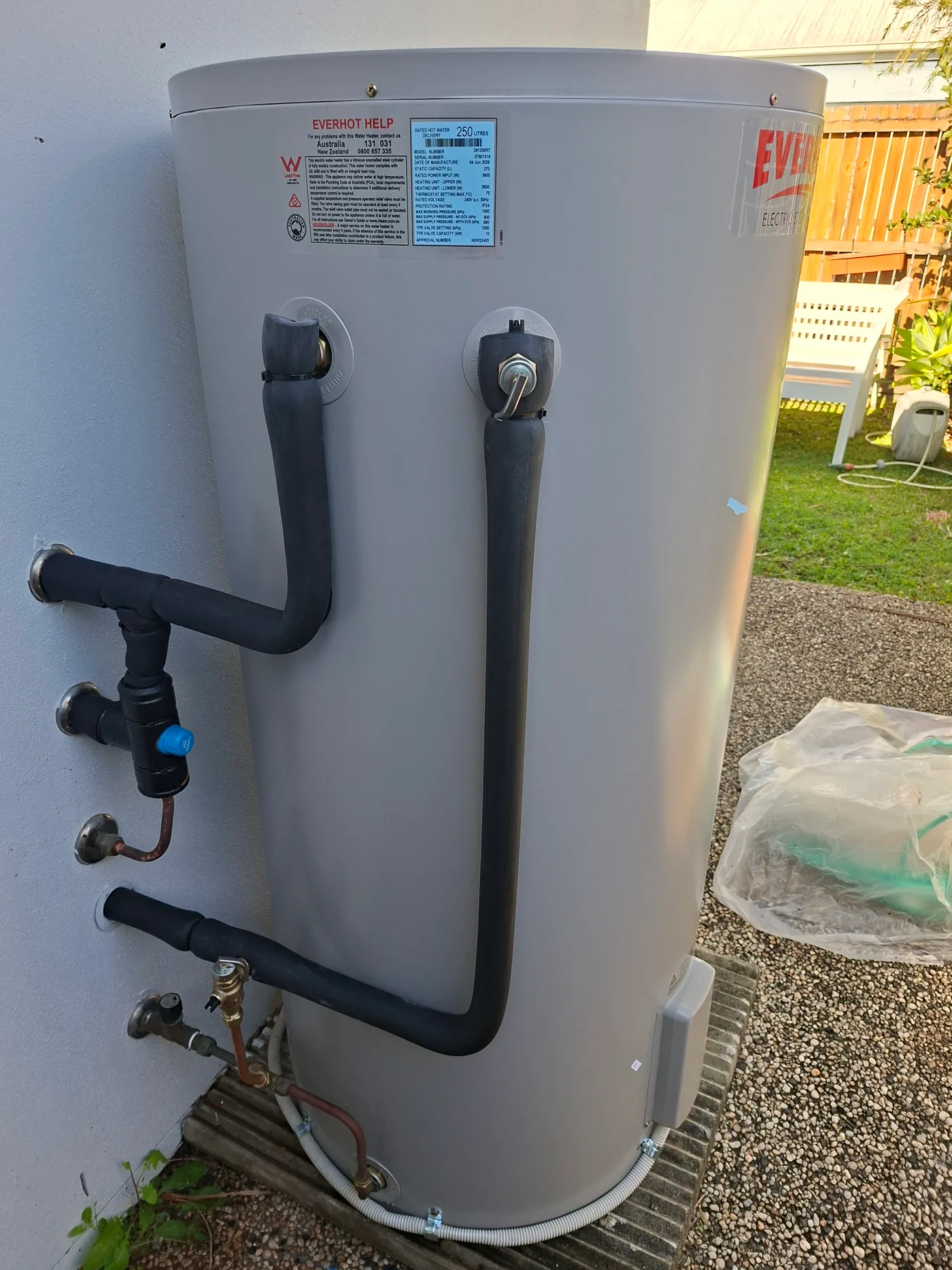 An Everhot 250 litre electric storage tank installed by RCM, showing the data plate and connections