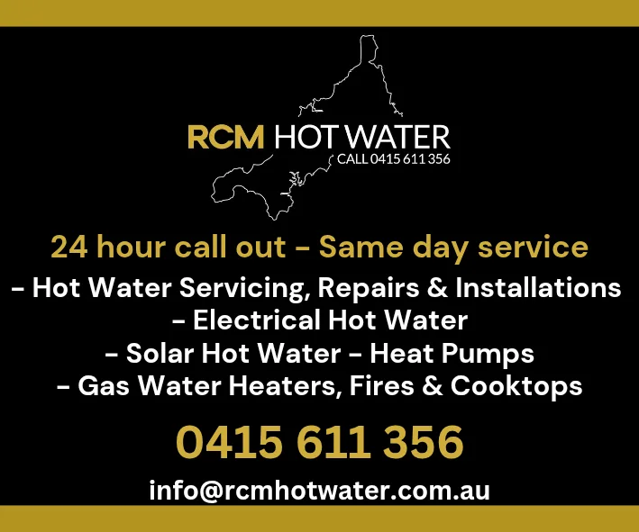 RCM Hot Water call-out card: 24 hour call out, same day service, servicing, repairs and installations across electric, solar, heat pump and gas, call 0415 611 356