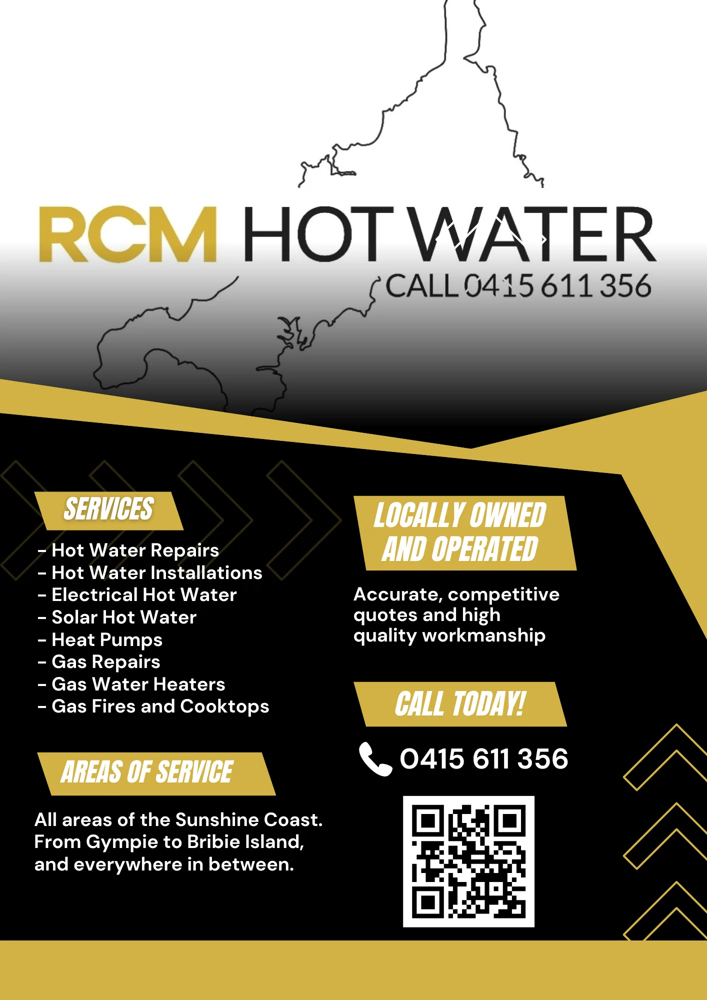 RCM Hot Water services flyer: hot water repairs, installations, electric, solar, heat pump and gas, all areas of the Sunshine Coast from Gympie to Bribie Island, call 0415 611 356, with a QR code