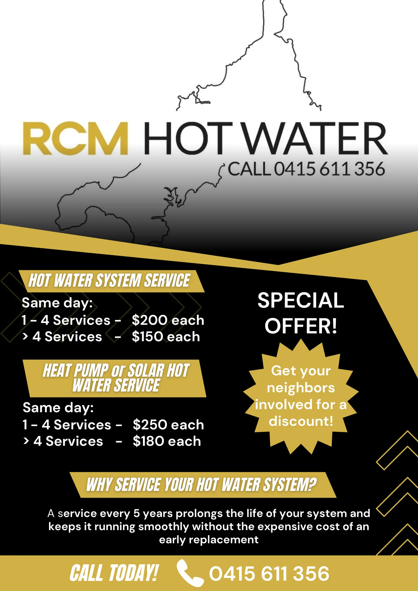 RCM Hot Water servicing offer flyer: same-day hot water system service pricing, a discount for neighbours booking together, and why a service every five years prolongs the life of a system