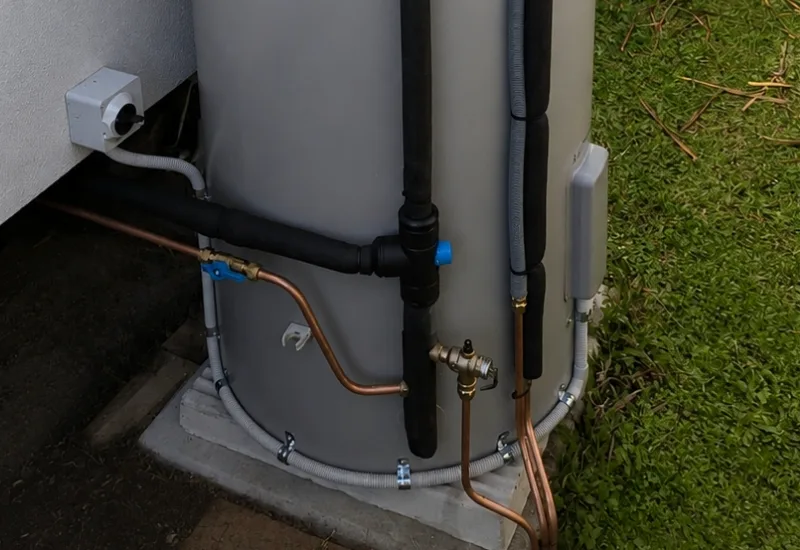 Lagged flow and return pipework, isolation valve and condensate line at the base of a heat pump installed by RCM