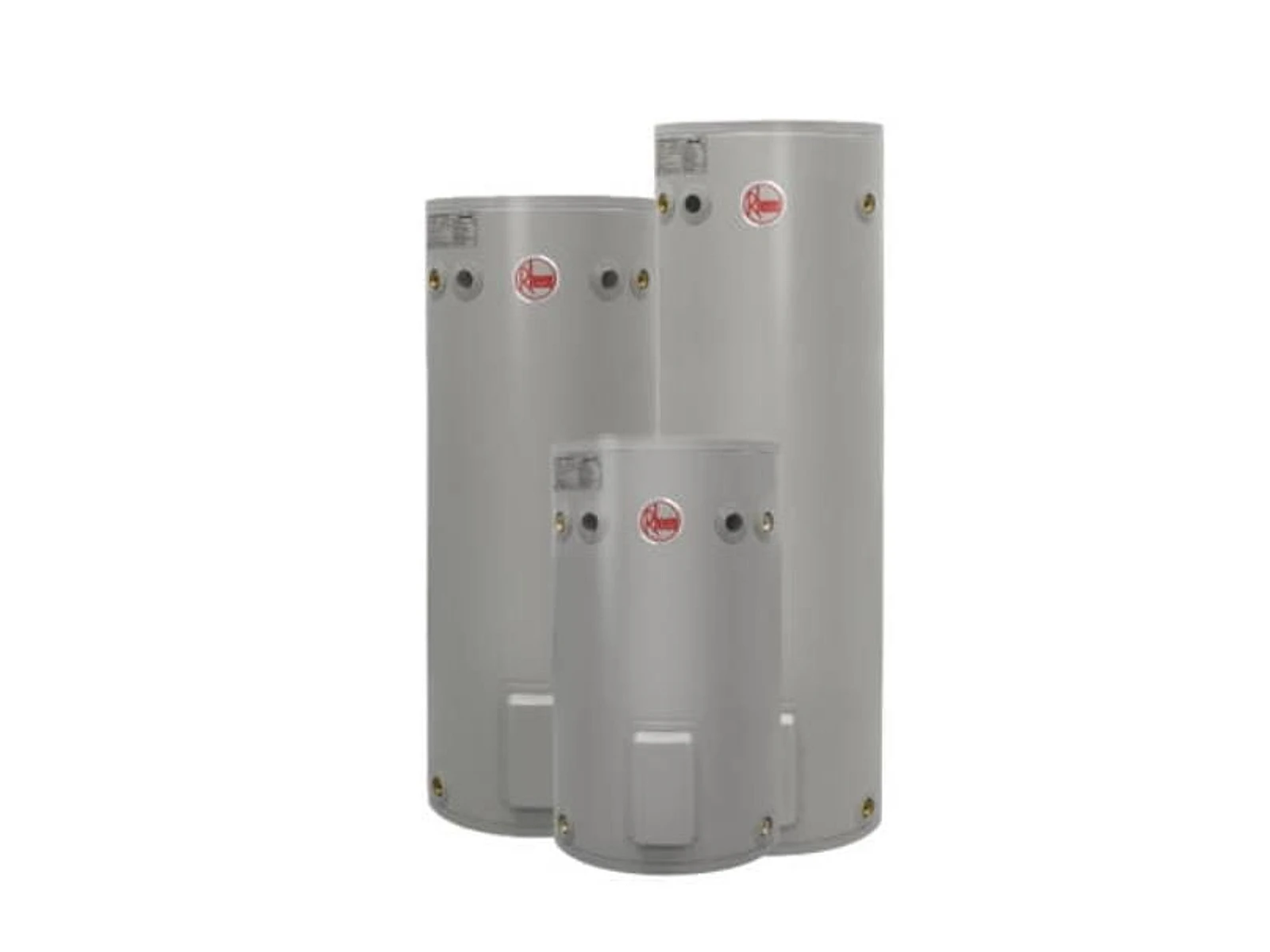Three sizes of Rheem electric storage hot water tank, manufacturer product image