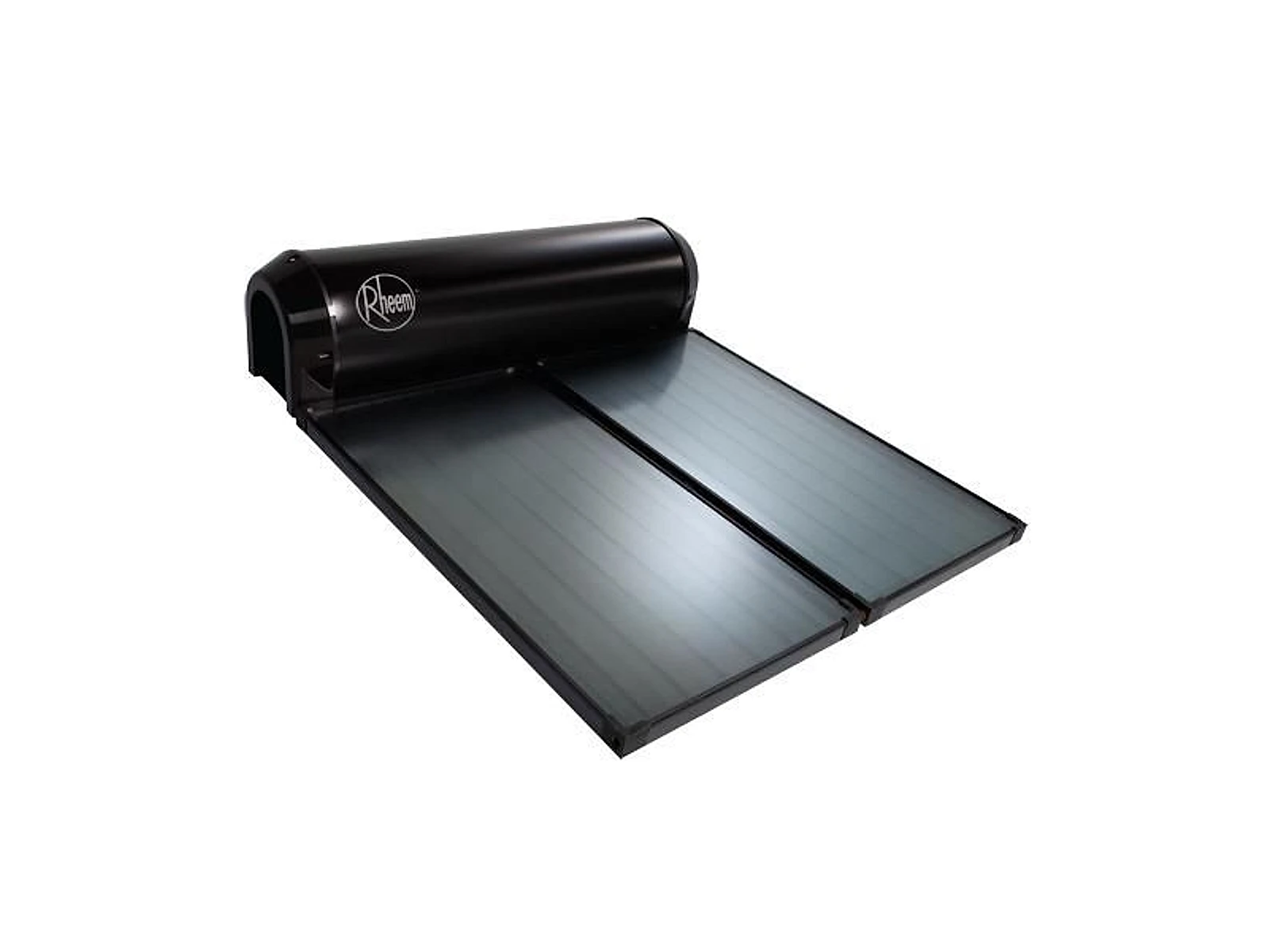 A Rheem roof-mounted solar hot water tank and two flat plate collectors, manufacturer product image