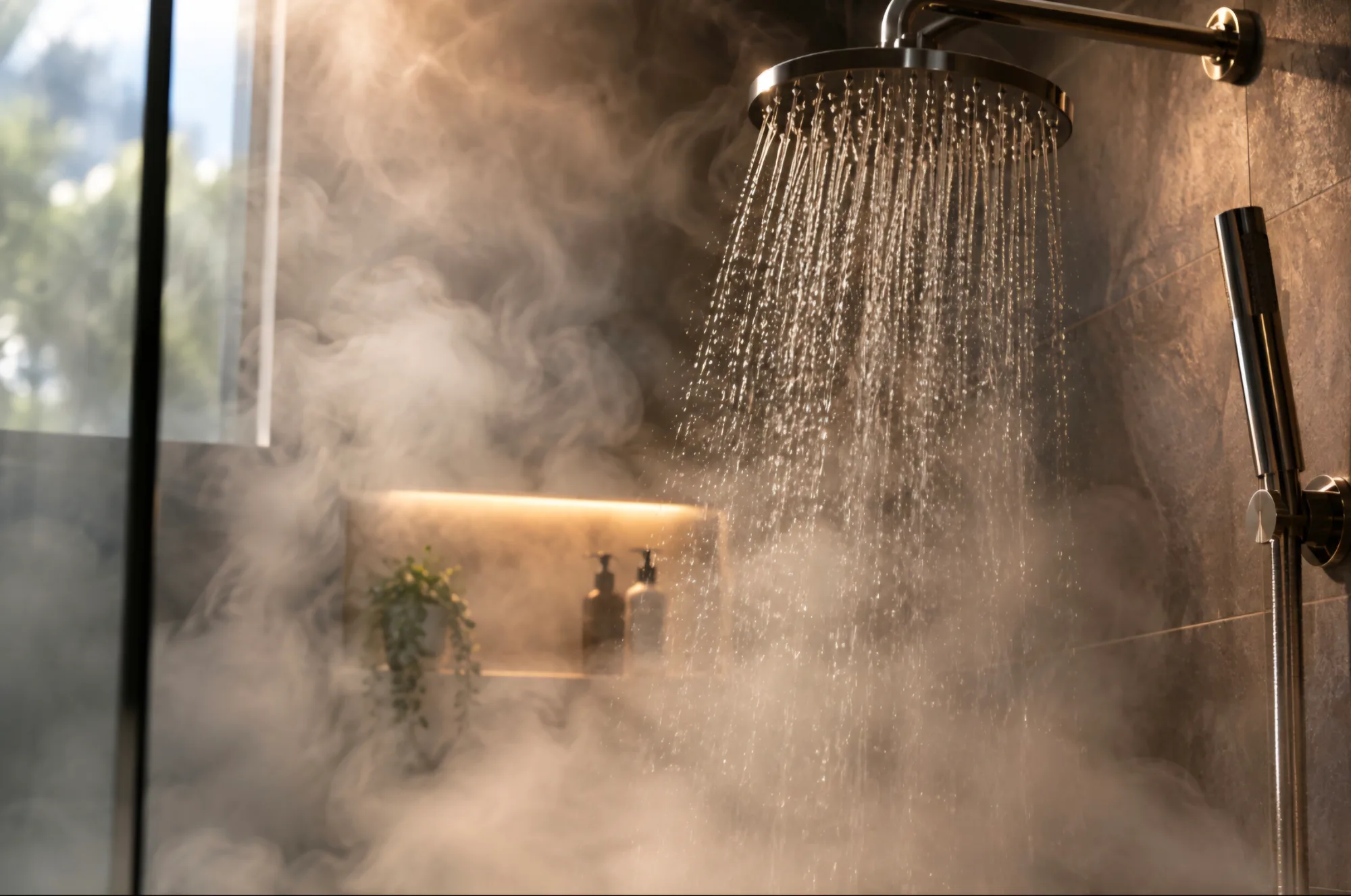 Steam rising around a rain shower head in a dark tiled bathroom
