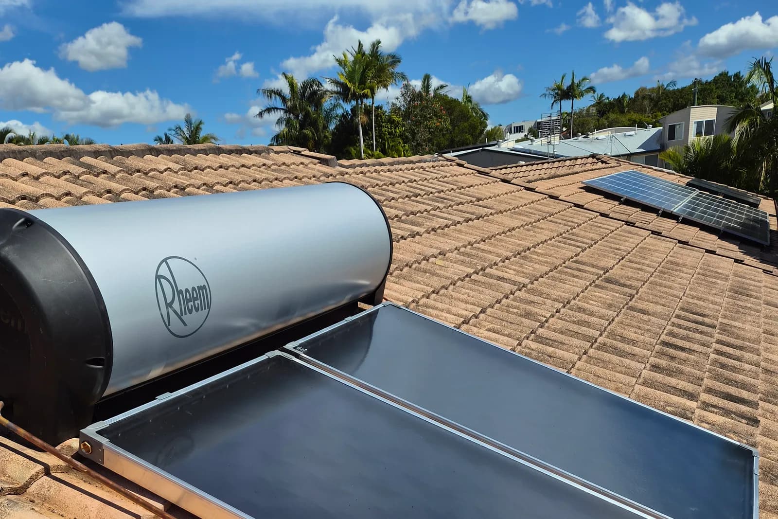A completed RCM solar hot water installation on a Sunshine Coast roof